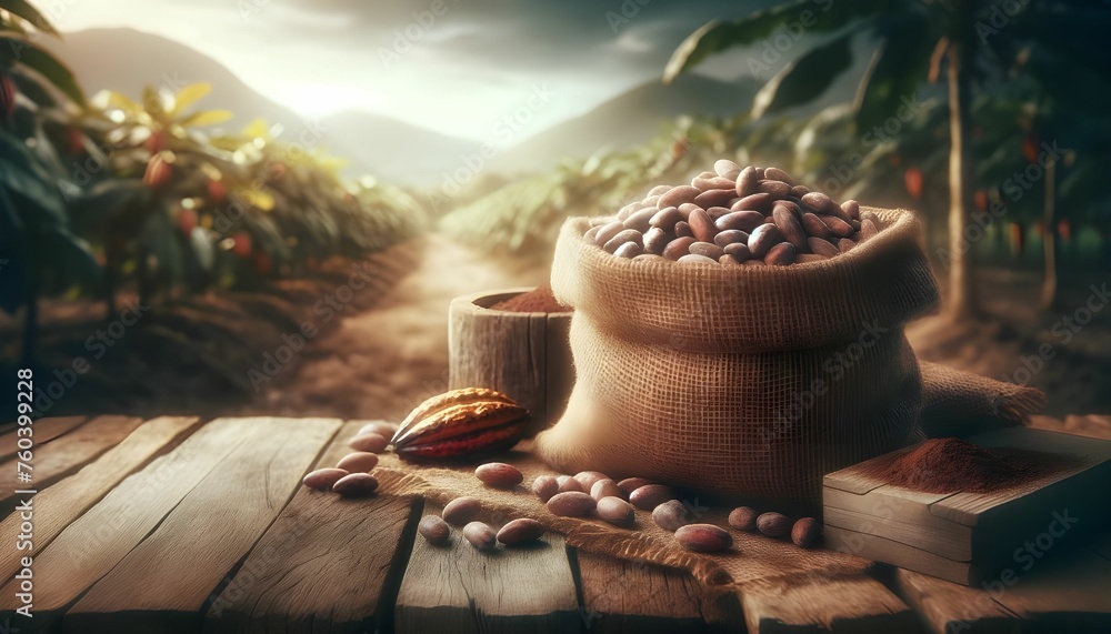 Cocoa Beans and Powder on Wooden Table in Farm Setting generative AI
Cocoa Beans and Powder on Wooden Table in Farm Setting generative AI