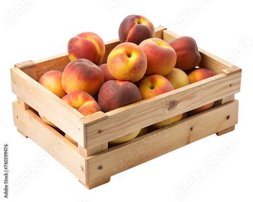 Peach fruit in wooden crate. isolated on transparent background.