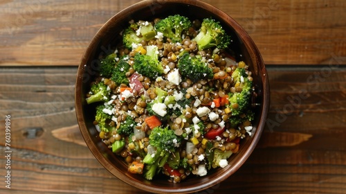 Lentil and broccoli salad bowl with feta cheese.