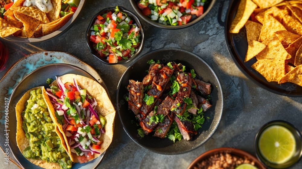 Assorted Mexican food dishes with tacos, nachos, and grilled meat on a table. Assorted Mexican food dishes with tacos, nachos, and grilled meat on a table.