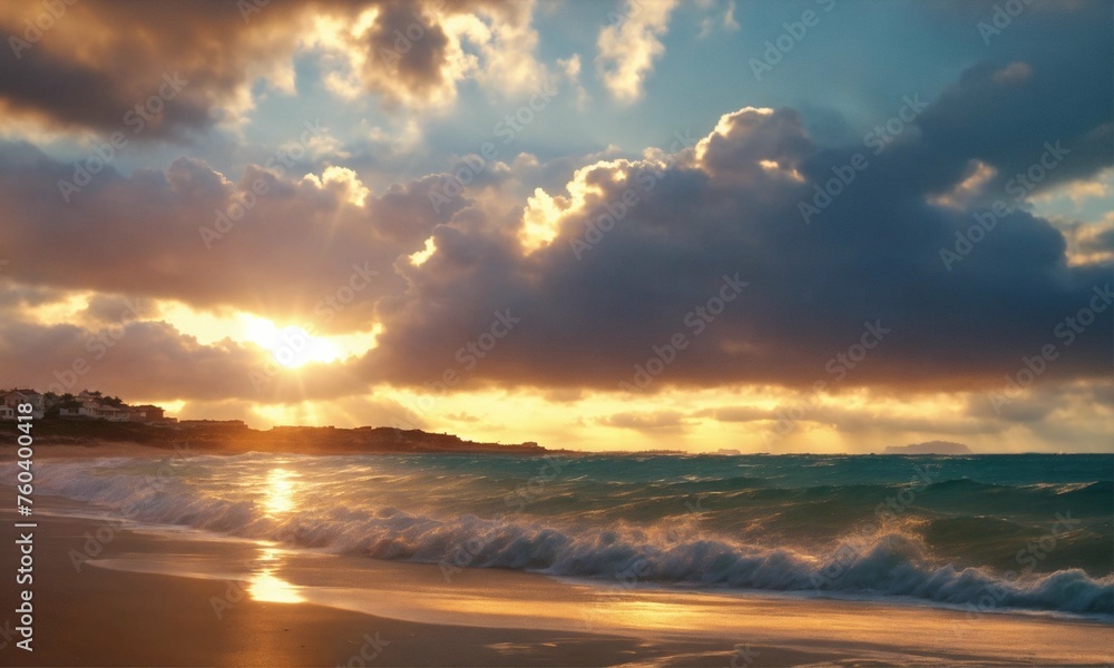 sunset over the ocean, close up of beach with rays of sunlight, lots of clouds, 4k, baroque style, sunset colours, very detailed