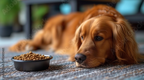 dog lying near a bowl of food