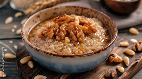 Oatmeal porridge with caramelized walnuts in a ceramic bowl.