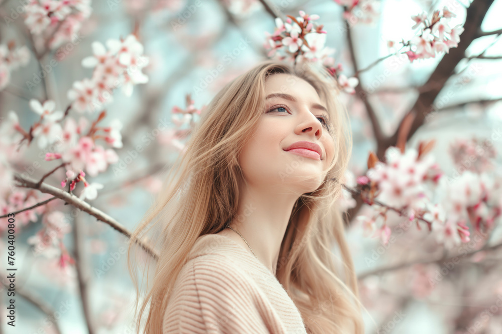 A woman with long blonde hair is standing in front of a tree with pink flowers A woman with long blonde hair is standing in front of a tree with pink flowers