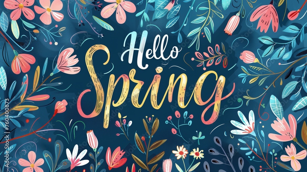 Na niebieskim tle widoczne są rysunkowe kwiaty oraz złoty napis „Hello Spring”. Kompozycja zachęca do przywitania wiosny. - obrazy, fototapety, plakaty 