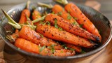 Roasted carrots with herbs in a white ceramic dish. Close-up food photography.