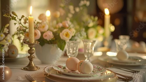 Easter tablescape decoration, floral holiday table decor for family celebration, spring flowers, Easter eggs, Easter bunny and vintage dinnerware, English country and home styling
