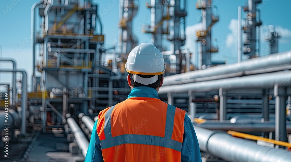 Back view of engineer wearing safety clothes and hardhat at Pipeline and pipe rack of petroleum. Industrial zone area. Back view of engineer wearing safety clothes and hardhat at Pipeline and pipe rack of petroleum. Industrial zone area.