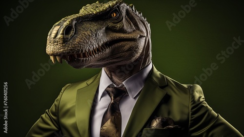 Mafia boss  a dinosaur in olive green  commanding the prehistoric underworld