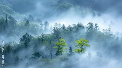 Wiosną, widok na mglistą puszcze wypełnioną licznymi drzewami.