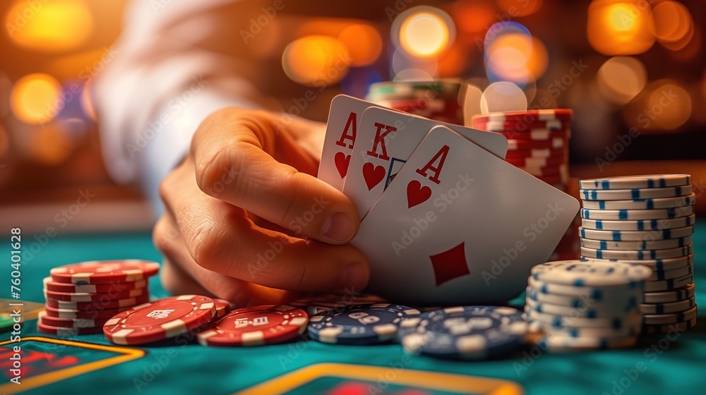 hand holding playing cards and chips in casino hand holding playing cards and chips in casino