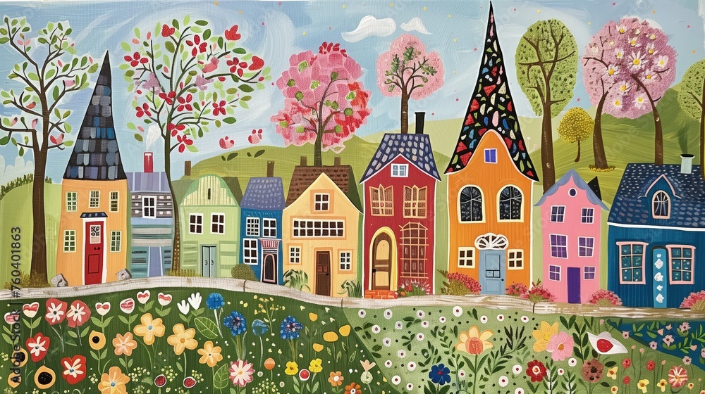 Malarstwo folklorystycznej ulicy wioski z wysokimi wąskimi domkami w rzędzie.  Kwitnące kwiaty i zielone drzewa.