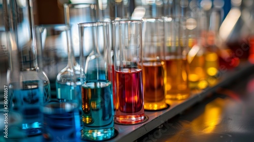 Laboratory glassware with colorful liquids, science research and development concept