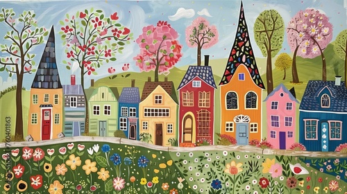 Malarstwo folklorystycznej ulicy wioski z wysokimi wąskimi domkami w rzędzie.  Kwitnące kwiaty i zielone drzewa. © Artur