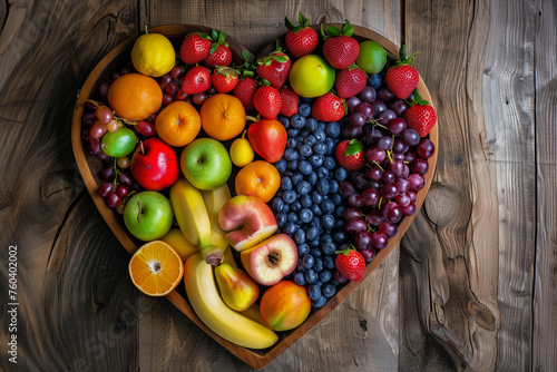 A heart made of fruit and vegetables. The heart is made of a variety of fruits and vegetables including bananas  strawberries  oranges  and kiwis