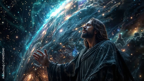Jesus Christ in space with stars and nebula. photo