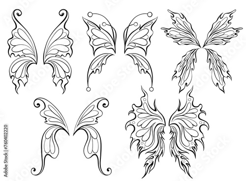 Vector set of contour fairy wings. Collection of line art monochrome different butterfly wings isolated from background.
