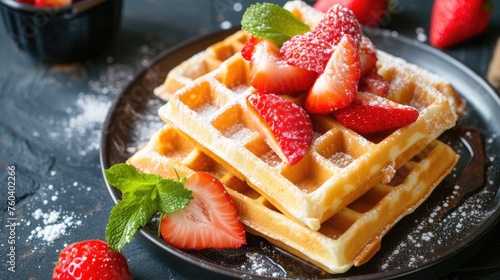 Belgian waffles with fresh strawberries and powdered sugar on dark plate.