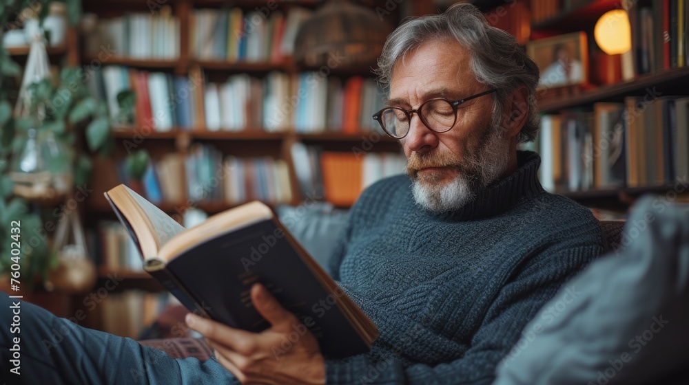 Senior man with glasses reading a book in a cozy home library. Senior man with glasses reading a book in a cozy home library.
