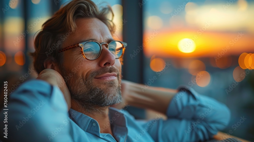 Relaxed man enjoying sunset view from office window. Relaxed man enjoying sunset view from office window.