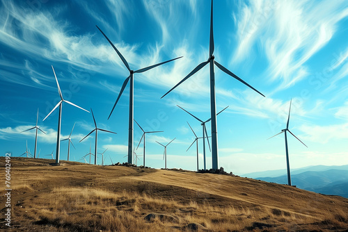 A large group of wind turbines are on a hillside, with the sky above them. Scene is peaceful and serene, as the turbines are harnessing the power of the wind to generate electricity