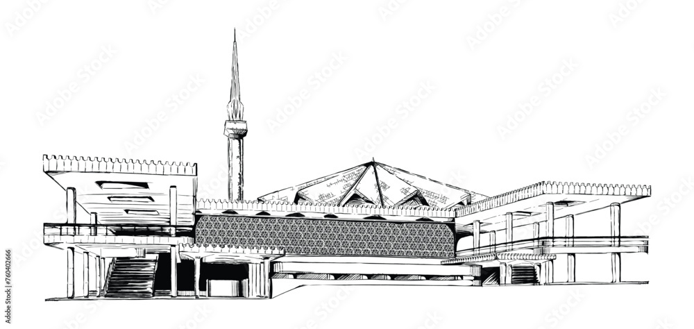 Hand drawing sketch illustration of National Mosque of Malaysia(Masjid Negara Kuala Lumpur) in vector illusrtration