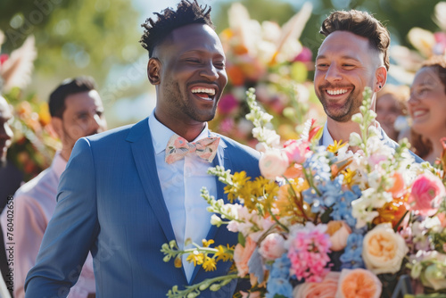 Marriage ceremony for male gay couple. Two men in black suits and ties holding bouquets of flowers. The men are smiling and appear to be happy