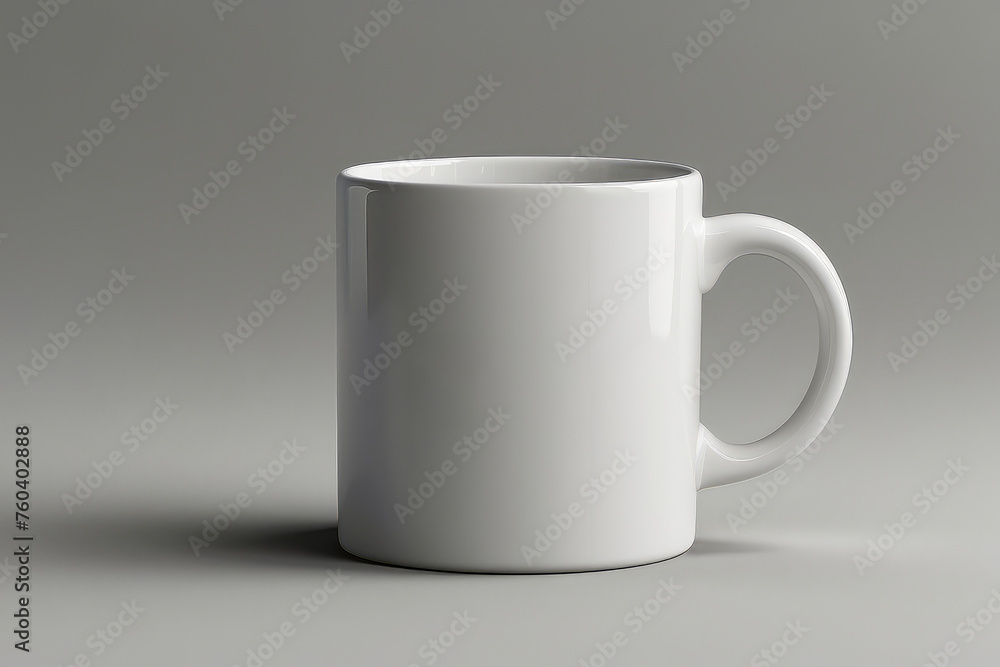 A white coffee cup mockup with a handle sits on a table. The cup is empty and has a shiny, reflective surface. Concept of calm and simplicity, as the cup is unadorned and uncluttered A white coffee cup mockup with a handle sits on a table. The cup is empty and has a shiny, reflective surface. Concept of calm and simplicity, as the cup is unadorned and uncluttered