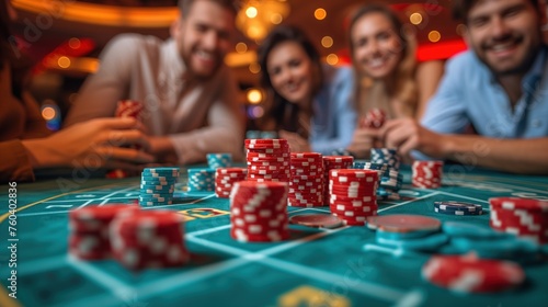happy people playing blackjack  in casino
