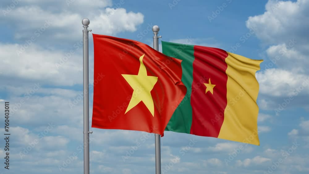 Cameroon and Vietnam two flags waving together, looped video, two country relations concept Cameroon and Vietnam two flags waving together, looped video, two country relations concept