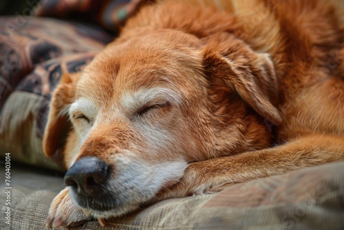 Sleeping golden retriever on a patterned cushion.