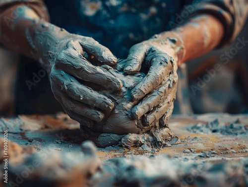 Close-up of hands sculpting clay, physical object creation, artisan focus,