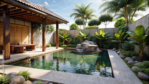 Balinese style deck and natural rock formation swimming pool © vectorize