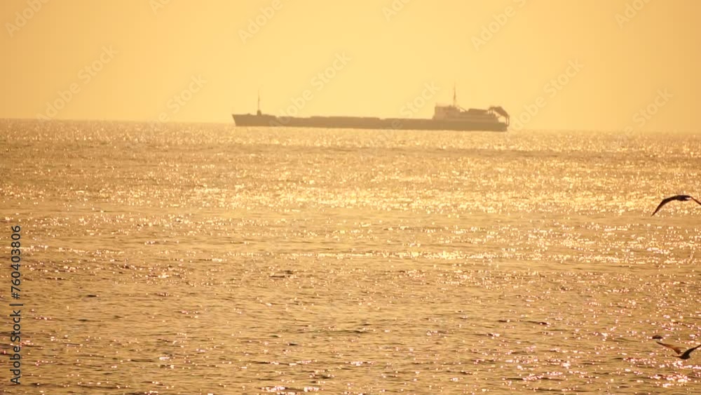 Cargo and dredging industrial ships sailing in to sea horizon. One large cargo ship grain carrier tanker in sea on sunny day. Transport, sea freight, sea transportation of cargo. Aerial view Cargo and dredging industrial ships sailing in to sea horizon. One large cargo ship grain carrier tanker in sea on sunny day. Transport, sea freight, sea transportation of cargo. Aerial view