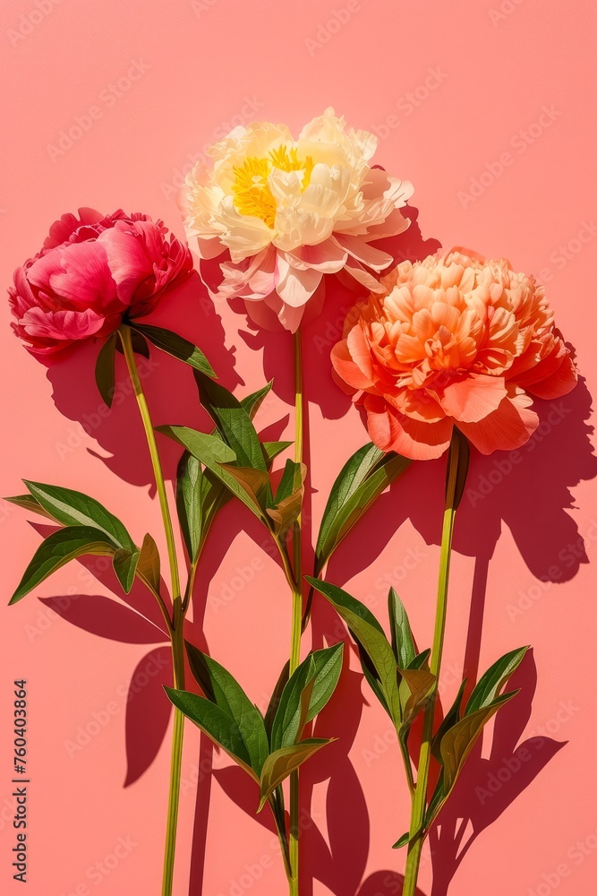 Beautiful peonies on a peach fuzz color background Beautiful peonies on a peach fuzz color background