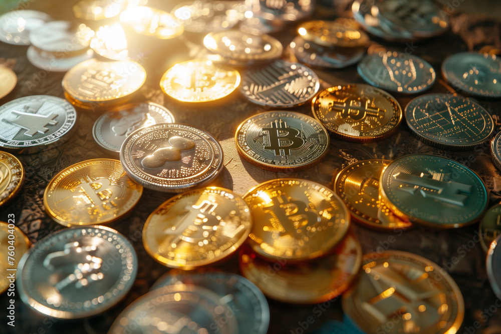 A pile of gold coins with the letter E on them. The coins are scattered on a wooden surface A pile of gold coins with the letter E on them. The coins are scattered on a wooden surface