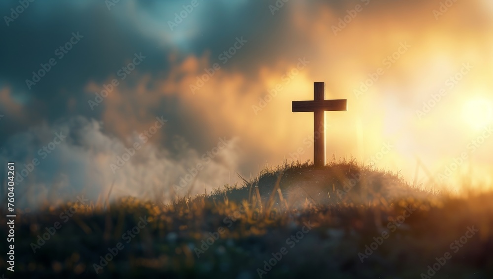 A wooden cross is on a hillside in the middle of a cloudy sky A wooden cross is on a hillside in the middle of a cloudy sky