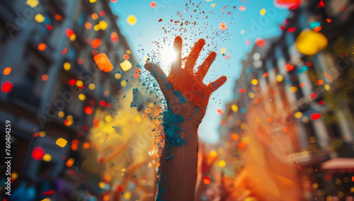 Colorful hands raised in the air at a holi festival