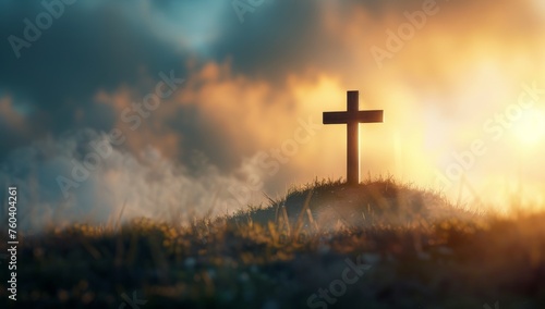 A wooden cross is on a hillside in the middle of a cloudy sky