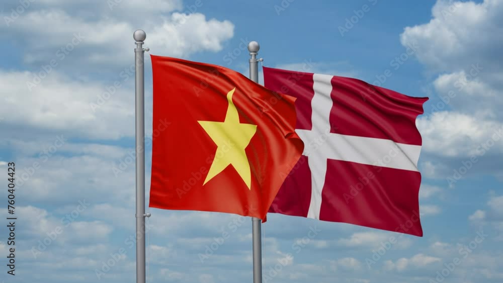 Denmark and Vietnam two flags waving together, looped video, two country relations concept Denmark and Vietnam two flags waving together, looped video, two country relations concept
