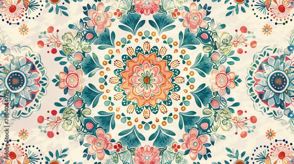 Kolorowy wzór mandali z różnymi kwiatami wiosennymi - obrazy, fototapety, plakaty 