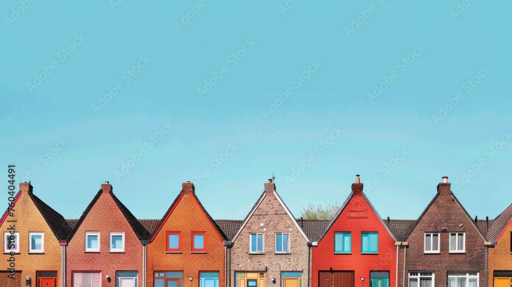 Row of colorful terraced houses against a blue sky. Row of colorful terraced houses against a blue sky.