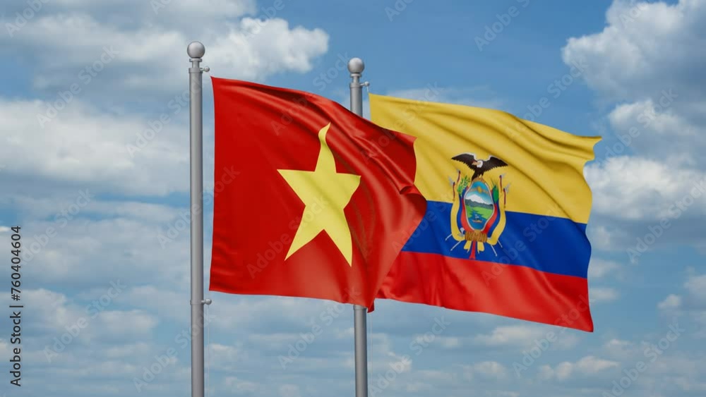 Ecuador and Vietnam two flags waving together, looped video, two country relations concept Ecuador and Vietnam two flags waving together, looped video, two country relations concept