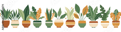 Vector seamless border with house plants in various pots isolated from background. Hobby greenhouse. Horizontal frieze with flat illustration