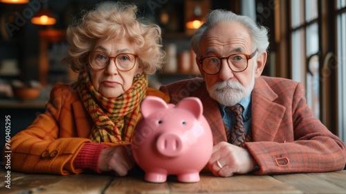 portrait of elderly pensioners with a piggy bank