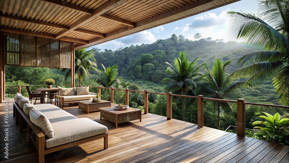 Fototapeta premium Balinese style timber deck overlooking the jungle