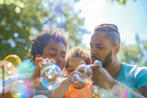 A man and a child are sitting on the grass  blowing bubbles. The scene is joyful and lighthearted  with the bubbles adding a playful touch to the moment