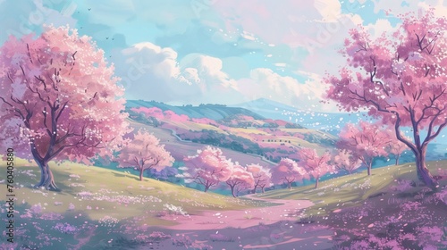 Malowidło przedstawiające różowe drzewa rosnące na stoku, w delikatnych pastelowych kolorach. Idealne odzwierciedlenie wiosny i natury.