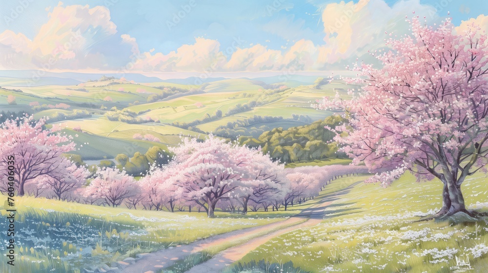 Na obrazie przedstawiona jest malownicza ścieżka wiejska wiosną, otoczona drzewami w pełnym rozkwicie. Jasno fioletowe liście i delikatne kwiaty tworzą urokliwy krajobraz. - obrazy, fototapety, plakaty 