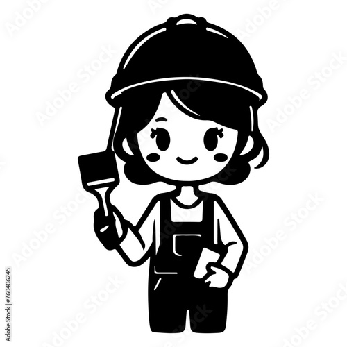 Simple worker woman cartoon with tool, builder Construction Logo Monochrome icon black silhouette design Style Vector illustration International Labor Day concept